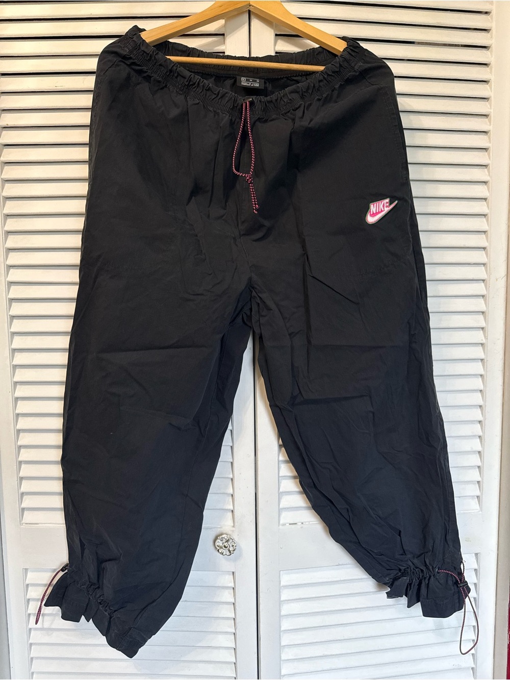 Nike wide leg Black Track Pants with Pink Logo & Drawcord